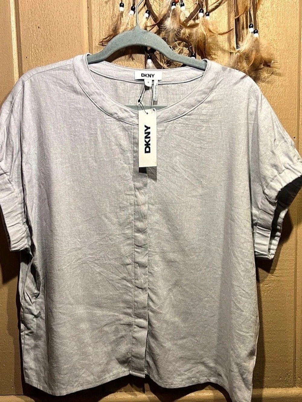 NWT DKNY Linen Blend Short Sleeve Blouse in Gray M/L ROUND NECK MINIMALIST